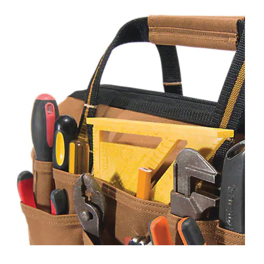 Carhartt Heavyweight Tool Bag, 14 in W, 10-1/2 in D, 9 in H, 25-Pocket, Polyester, Brown