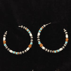 Silver Strike Earrings, Open Hoops, Beads, Navajo Pearl Gemstone, Brown/Silver/Turquoise Gemstone