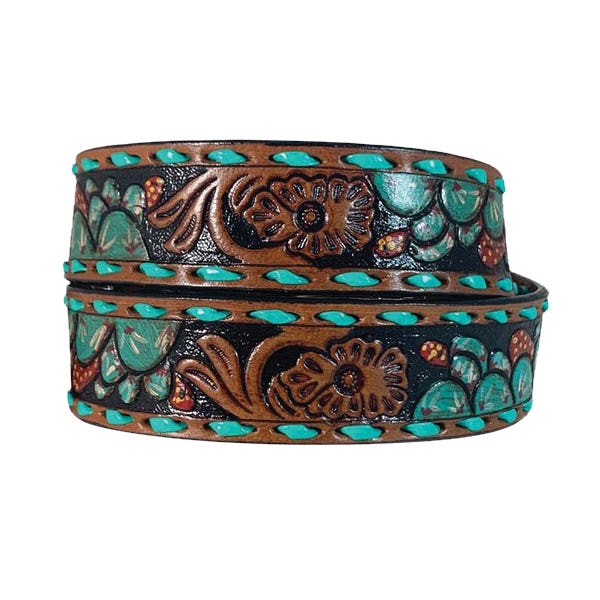 Roper Belt, Women's, L, Silver Buckle, Leather, Brown/Turquoise, Buckle