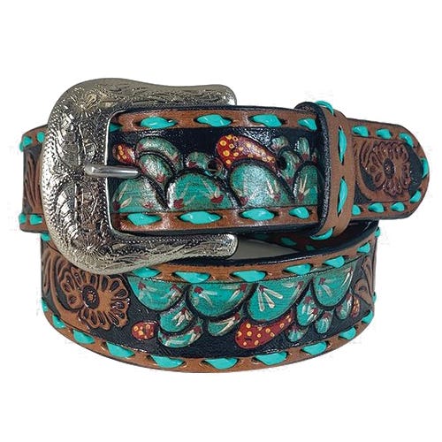 Roper Belt, Women's, 2XL, Silver Buckle, Leather, Brown/Turquoise, Buckle