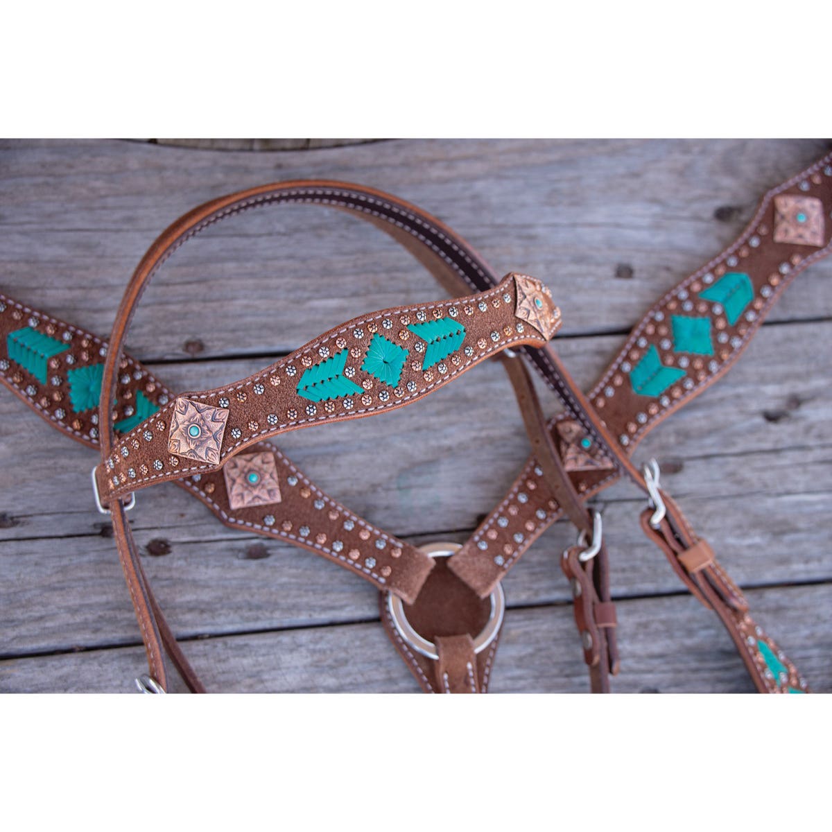 Reinsman Turquoise and Rawhide Series Breast Collar, Horse, Copper/Leather, Mahogany/Turquoise