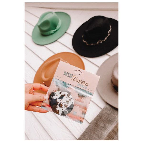 Front Porch Boutique Mooving on Cowhide Print Car Coaster, 2 Pack