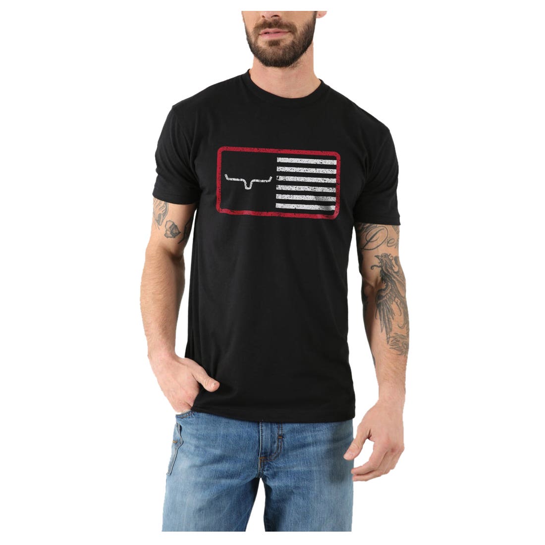 Kimes Ranch American Trucker Series T-Shirt, L, Cotton/Polyester, Black, American Flag Longhorn Logo
