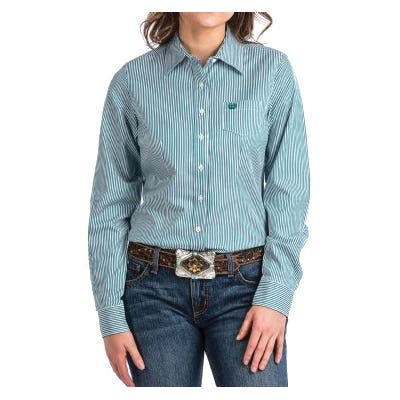 Cinch Shirt, 2XL, Cotton/Polyester/Tencel, Teal/White, Embroidered Cinch Logo, Stripe, Button-Down