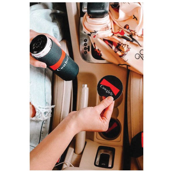 Front Porch Boutique Black and Red Cowboy and Cowgirl Tagged Car Coaster, 2 Pack