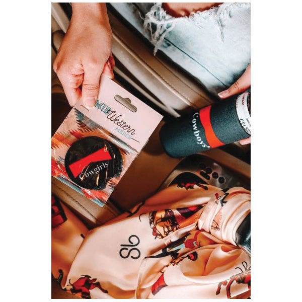 Front Porch Boutique Black and Red Cowboy and Cowgirl Tagged Car Coaster, 2 Pack