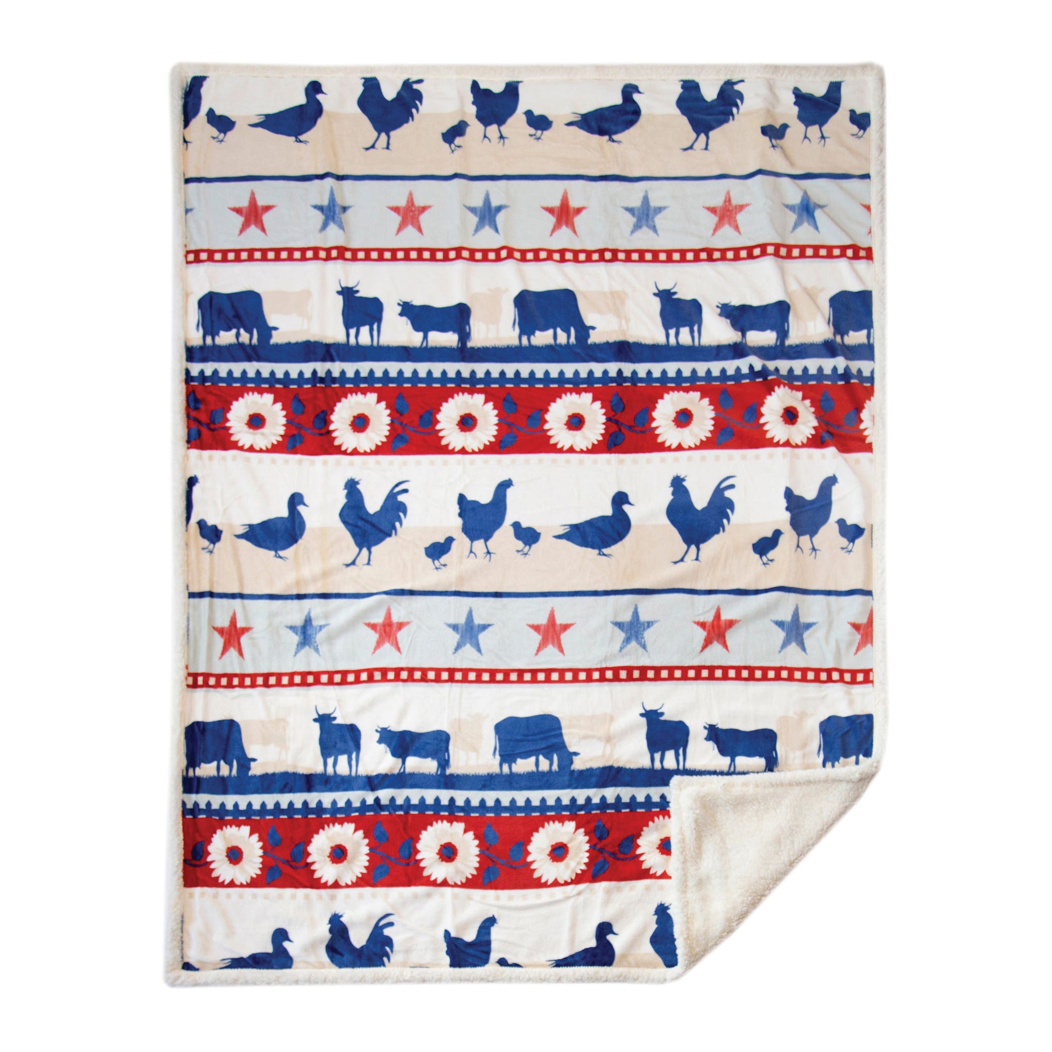 Carstens Farm Animal and Floral Striped Plush Sherpa Throw Blanket