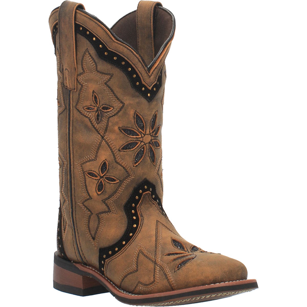 Laredo Bouquet Series Western Boots, 8, M W, Detailed Stitch, Glitter, Studded, Honey, Leather