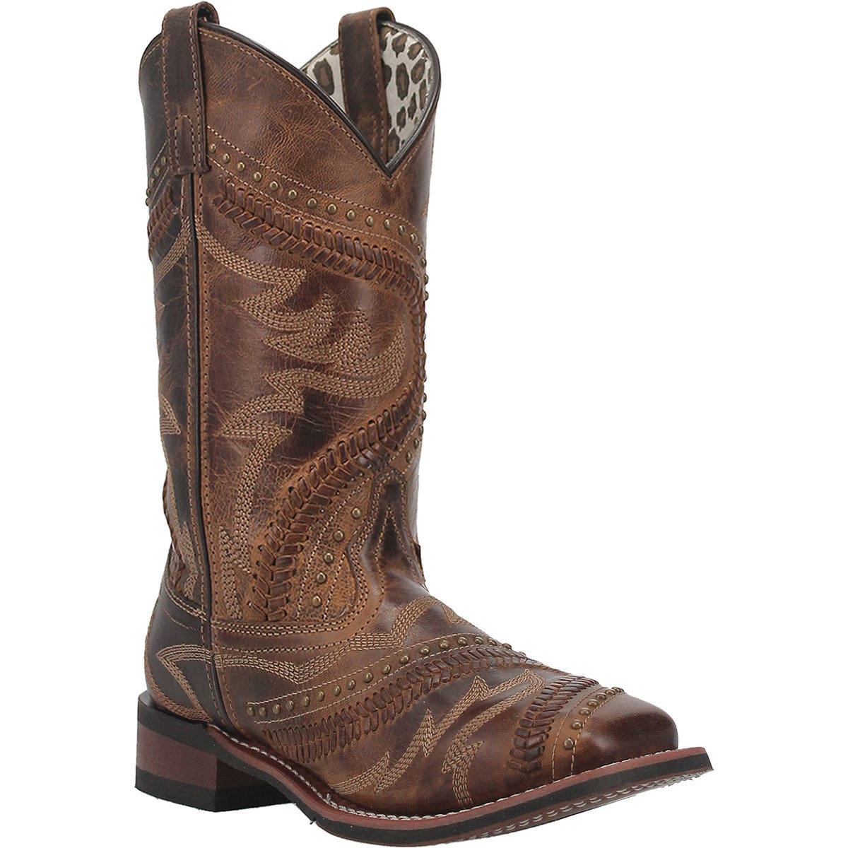 Laredo Charli Series Western Boots, 11, M W, Cheetah Printed, Embroidered, Studded, Tan, Leather