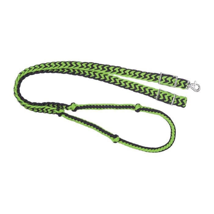 Tough 1 Knotted Cord Roping Reins, 7 ft L, 1 in W, Conway Buckle, Polyester, Black/Neon Green