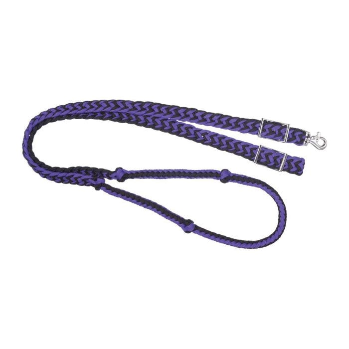 Tough 1Knotted Cord Roping Reins, 7 ft L, 1 in W, Conway Buckle, Polyester, Black/Purple