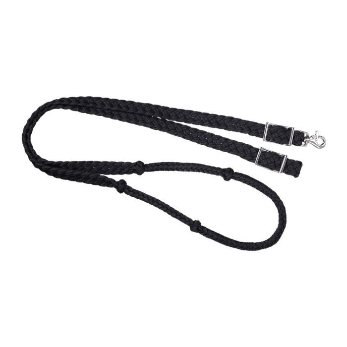Tough 1 Knotted Cord Roping Reins, 7 ft L, 1 in W, Conway Buckle, Polyester, Black