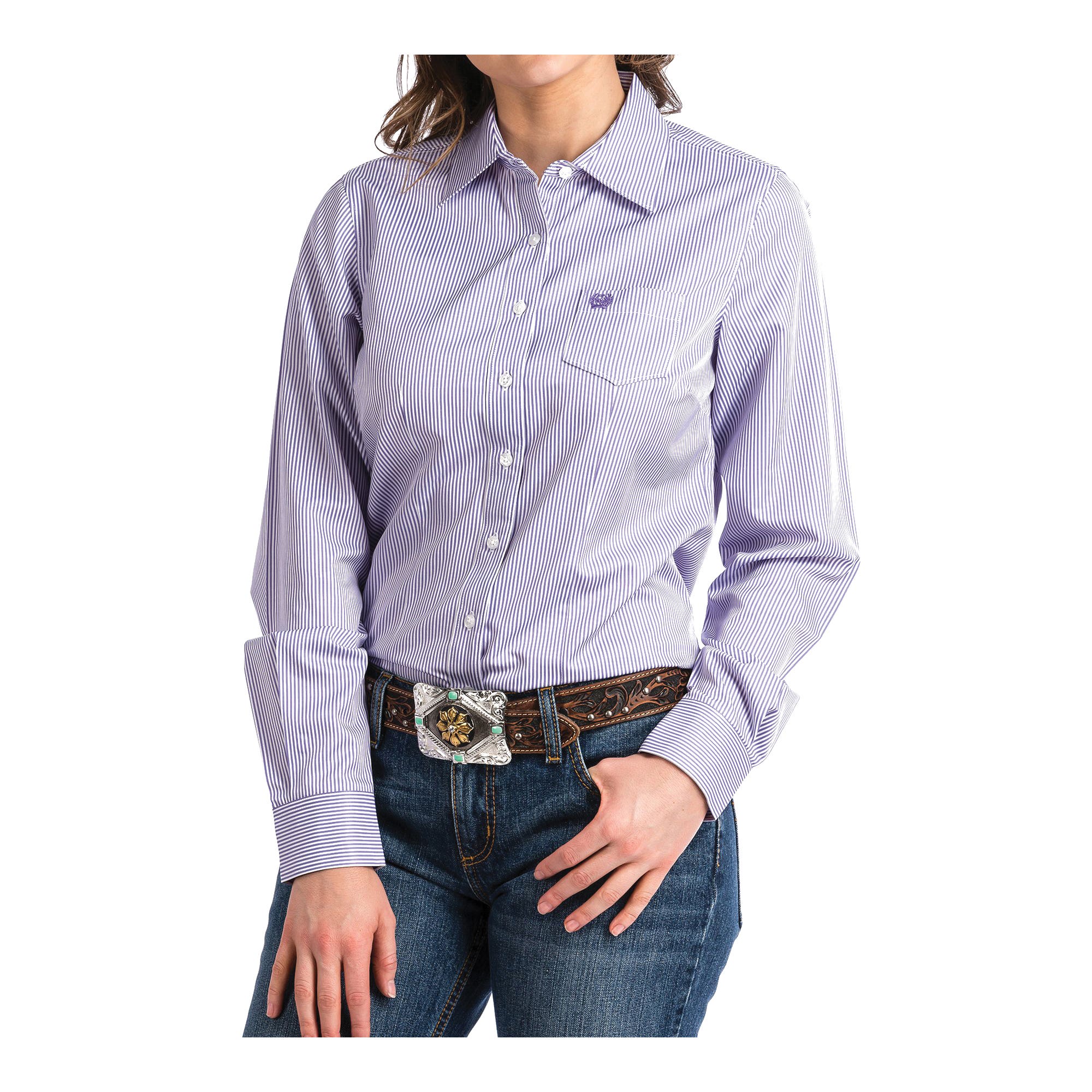 Cinch Shirt, XL, Cotton/Polyester/Tencel, Purple/White, Logo Embroidery, Striped, Button-Down, Spread