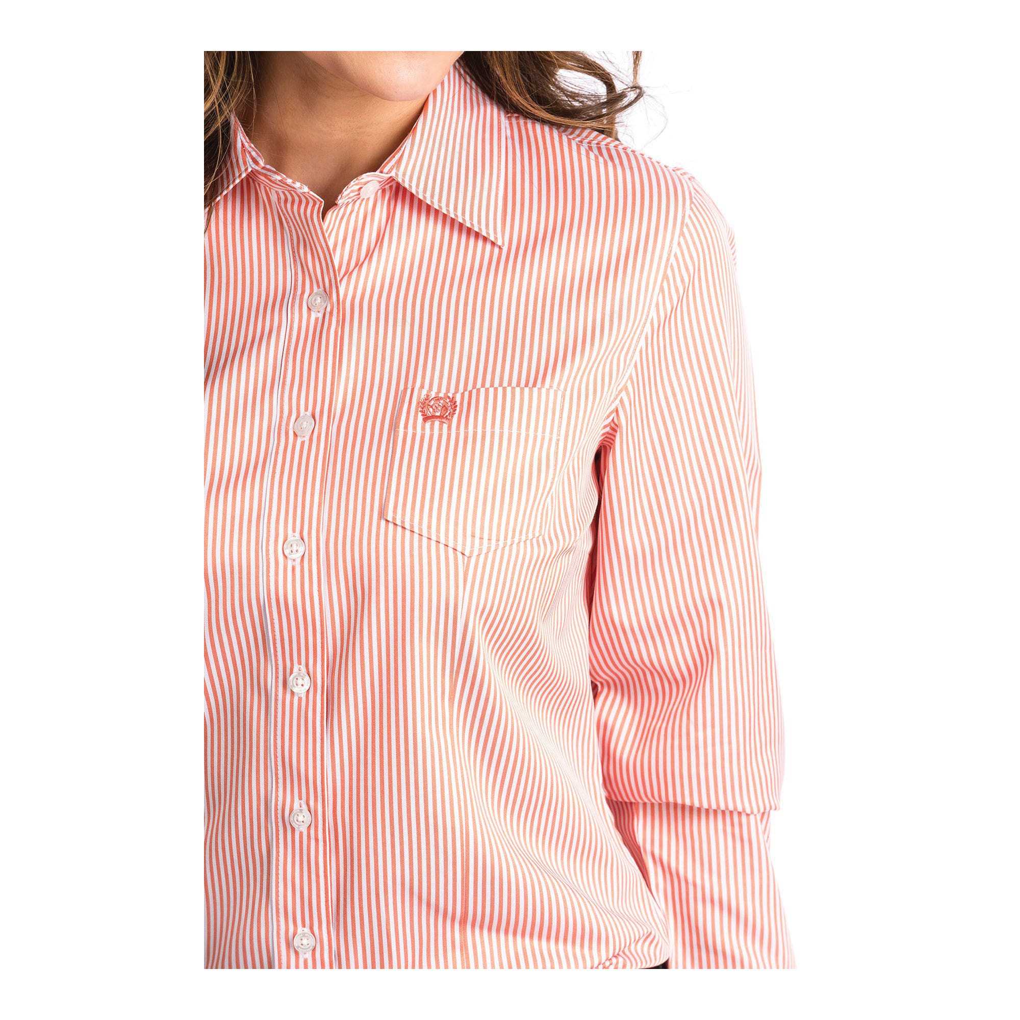 Cinch Shirt, XL, Cotton/Polyester/Tencel, Coral/White, Logo Embroidery, Striped, Button-Down, Spread