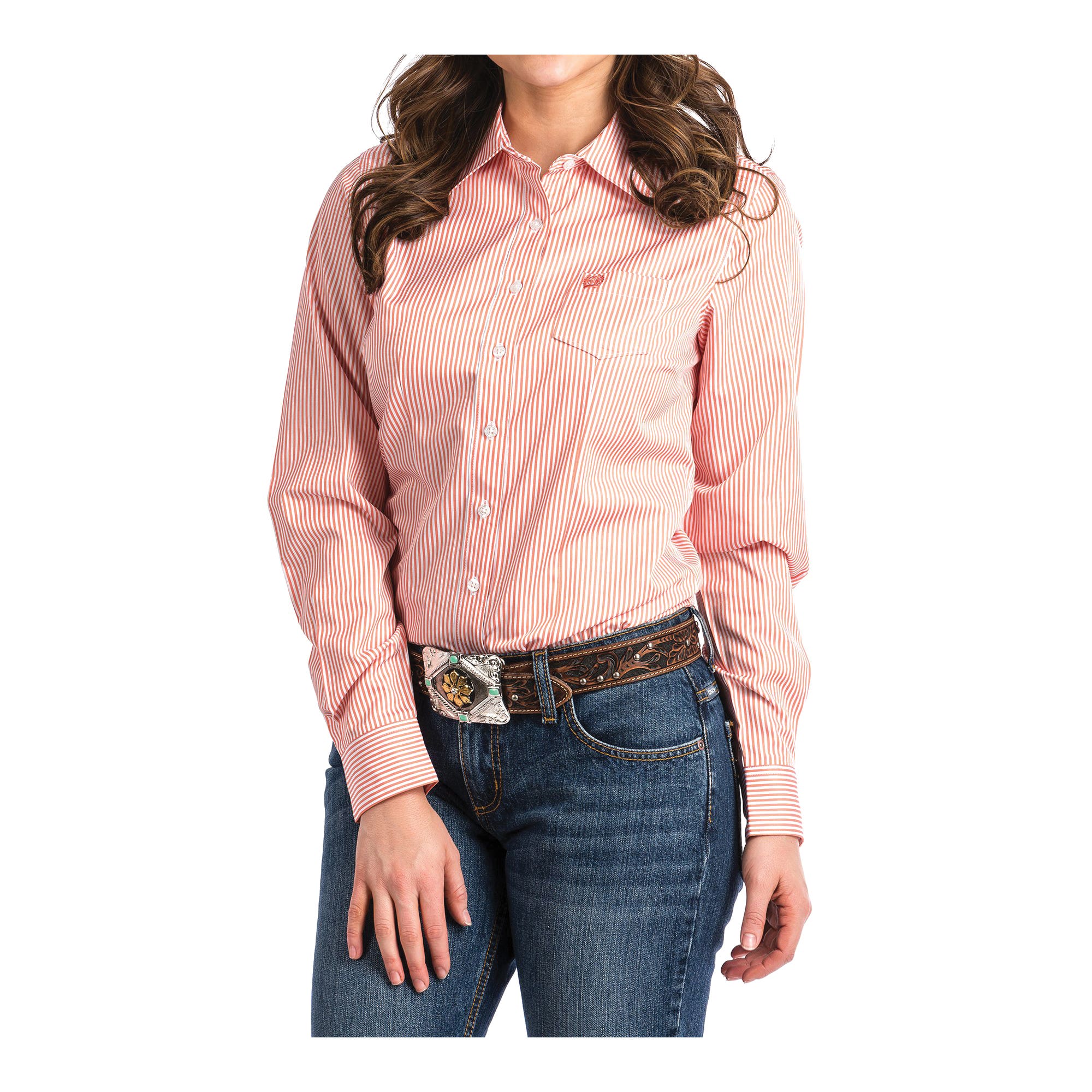 Cinch Shirt, XL, Cotton/Polyester/Tencel, Coral/White, Logo Embroidery, Striped, Button-Down, Spread