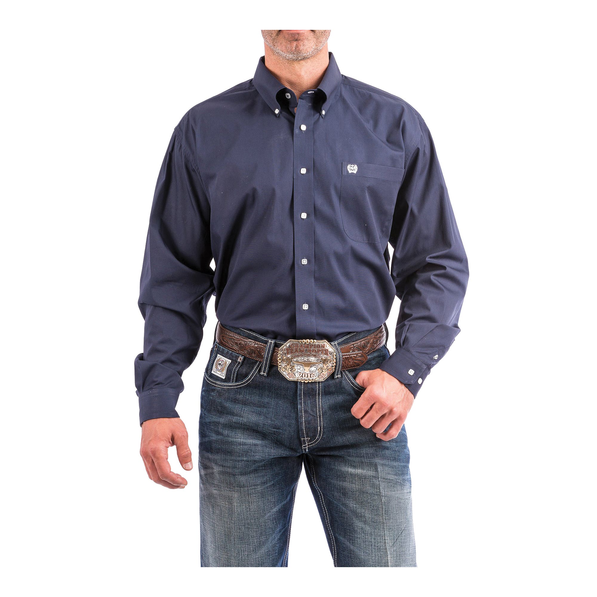 Cinch Western Shirt, L, Cotton, Navy, Embroidered Cinch Logo, Solid Plain Weave, Button-Down, Classic