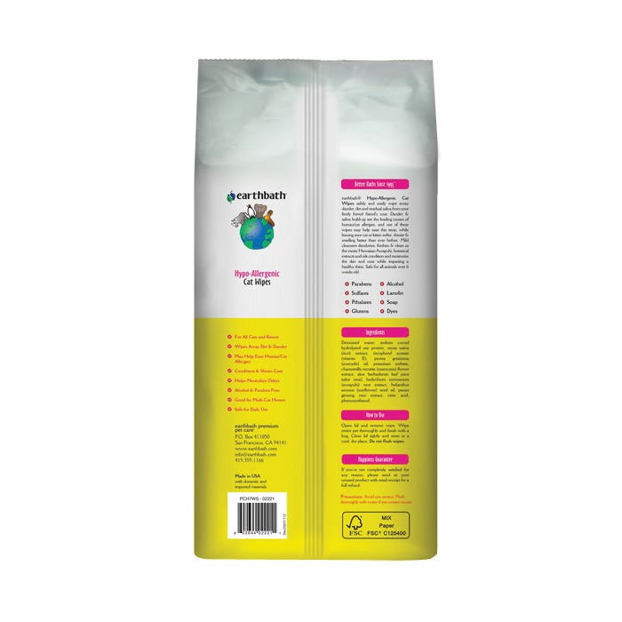earthbath Hypoallergenic Wipes, Cat, Pouch