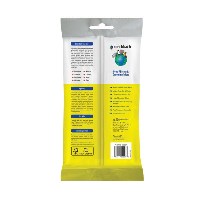 earthbath Hypoallergenic Grooming Wipes, Pouch, 100/PK