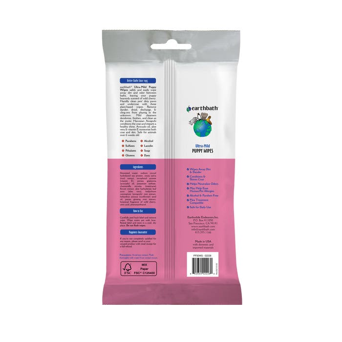 earthbath Puppy Wipes, Dog, Pouch, 100/PK