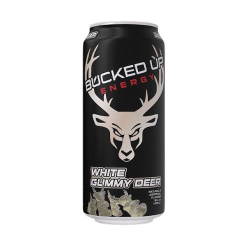 Bucked Up Energy Drink, White Gummy Deer, Can