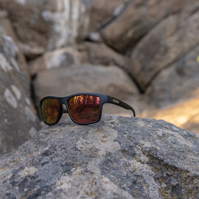 Suncloud A-Team Series Sunglasses, Evolve, Rectangular, Plastic, Matte Black, Polarized, Red Mirror Lens