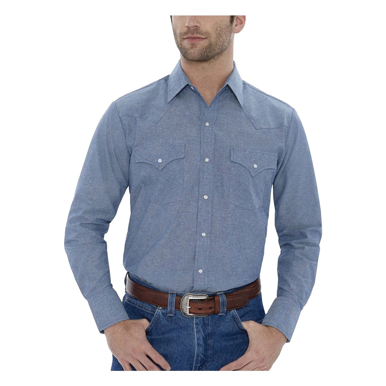 Ely Cattleman 15202975TL-CHAMBRAY-LT Western Shirt, L, Tall, Cotton, Chambray, Long Sleeve, Snap