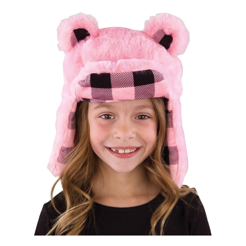 LazyOne Kid's and Adult Critter Cap, Bear, Plaid, Girl's, S, Faux Fur, Pink
