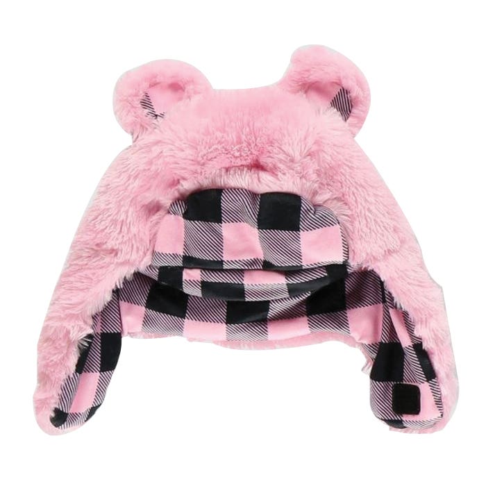 LazyOne Kid's and Adult Critter Cap, Bear, Plaid, Girl's, L, Faux Fur, Pink