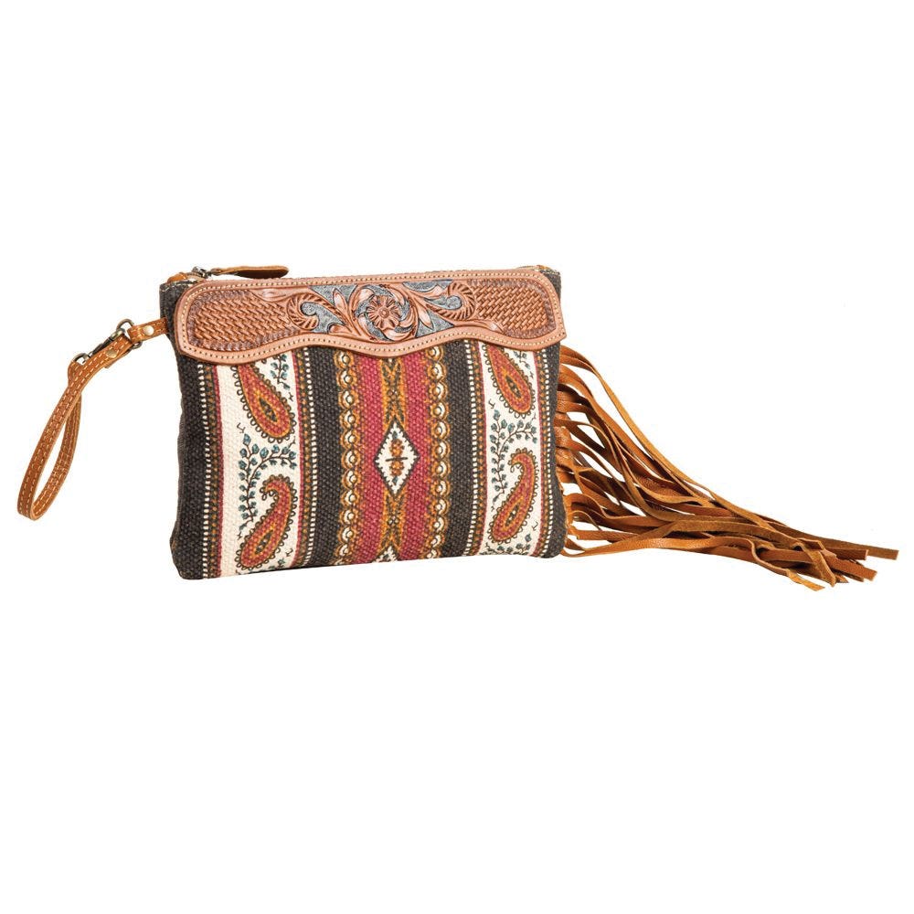 Myra Bag Hand Tooled Bag, Mojave Paisley Fringed, Zipper