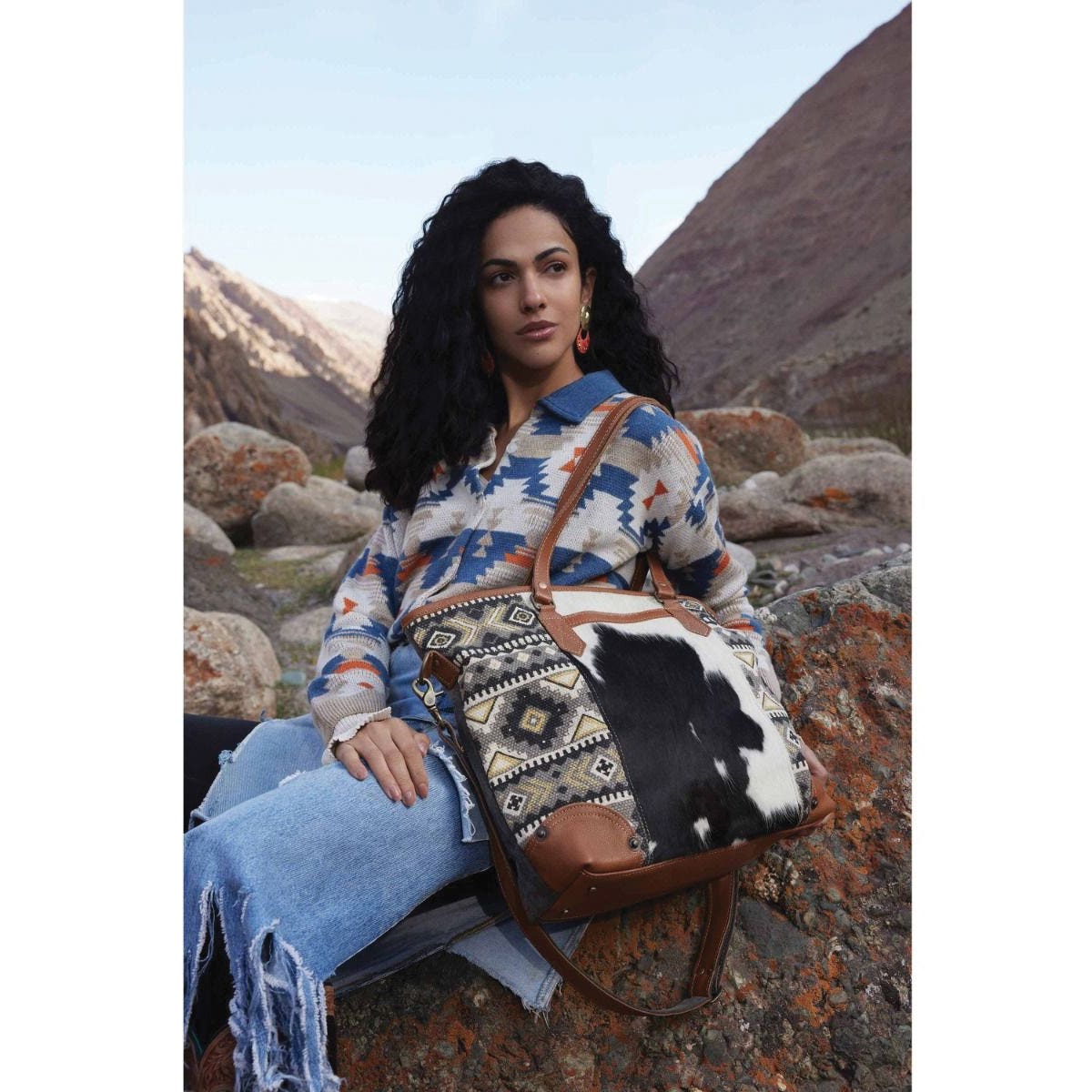 Myra Bag Tote Bag, Bison Ridge, Tribal Inspired, Zipper