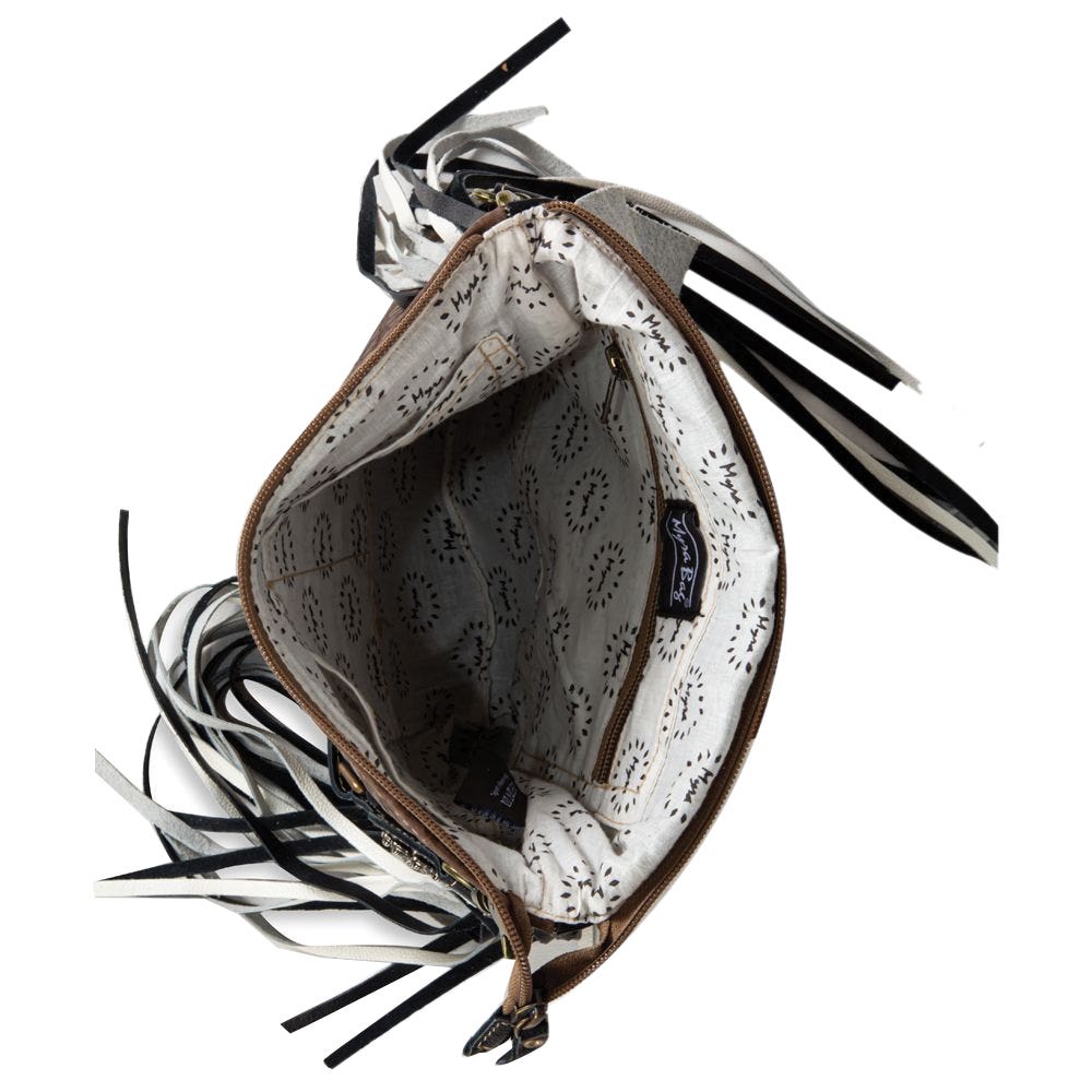 Myra Bag Carry Bag, Stratford Trail Fringed Concealed, Zipper, Brown/Coal Black/White