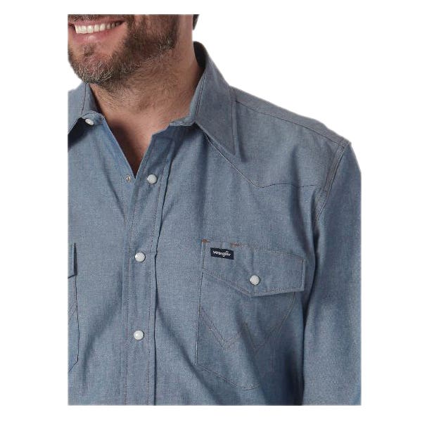 Wrangler MS70919-S Men's Shirt, S, Cotton, Chambray Blue, Solid, Spread, Long Sleeve, Classic Fit, Snap Closure