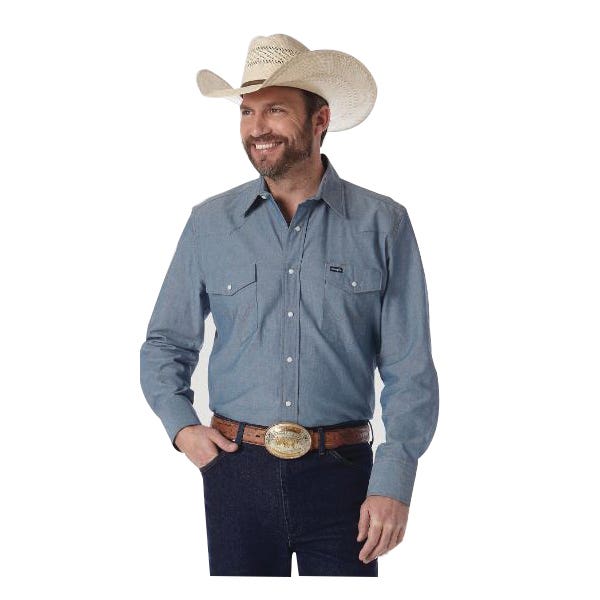 Wrangler MS70919-S Men's Shirt, S, Cotton, Chambray Blue, Solid, Spread, Long Sleeve, Classic Fit, Snap Closure