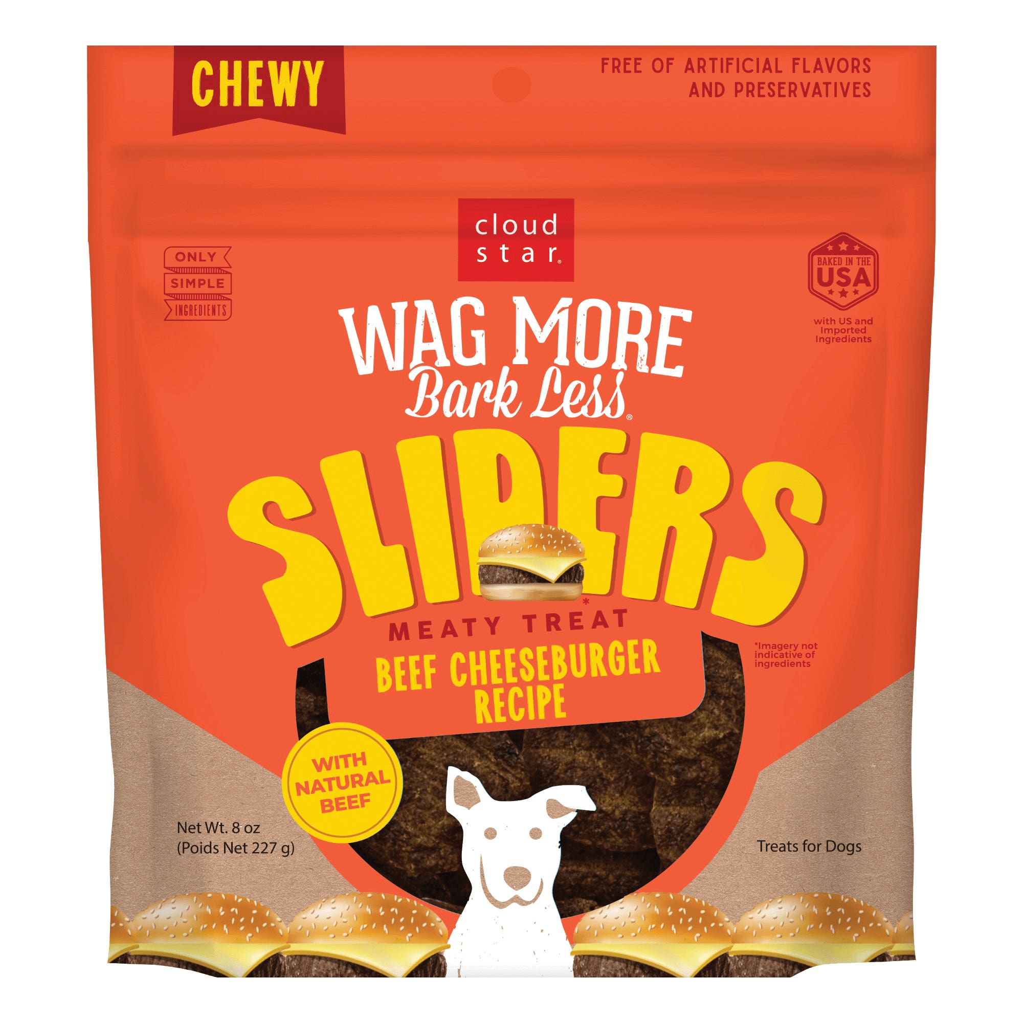 cloud star Wag More Bark Less Series Dog Treat, Chew, Beef Cheeseburger, 8 oz