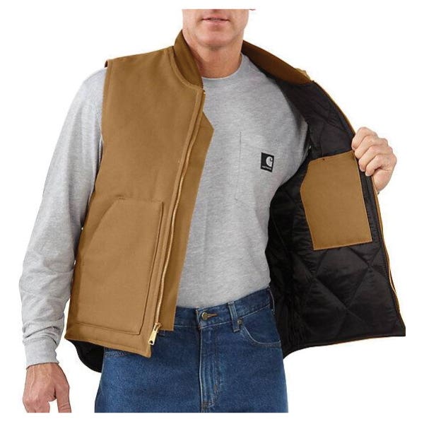 Carhartt Insulated Vest, XL, Tall, Cotton, Brown, Ribbed, Zipper