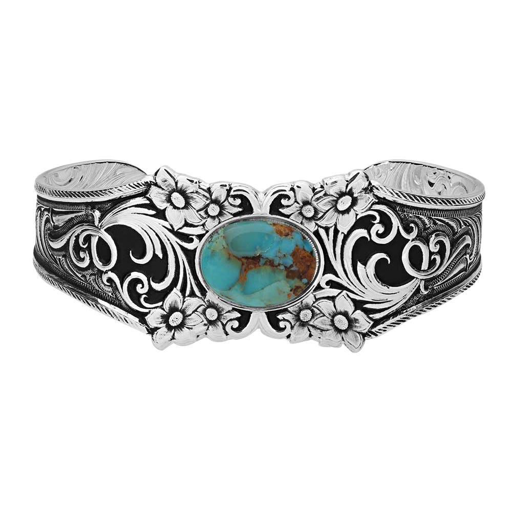 Montana Silversmiths Legacy Tribute Series Bracelet, Women's, One-Size, Engraved Flower, Stone, Turquoise, Brass