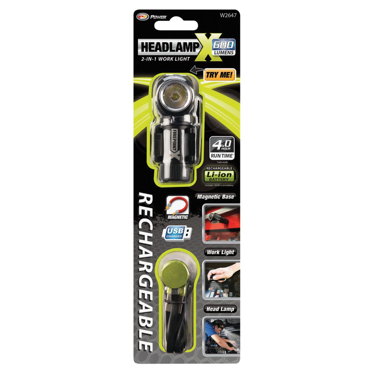 Performance Tool Firepoint X Series W2647 2-in-1 Headlamp, 16340 Lithium-Ion Battery, LED Lamp, 600 Lumens, Black/Green