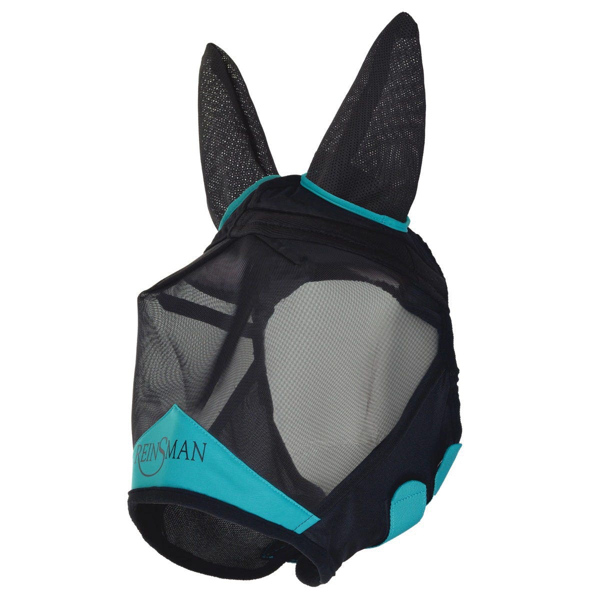 Reinsman F102-SM-LB Fly Mask with Ears, S, Hook and Loop Closure, Black/Turquoise