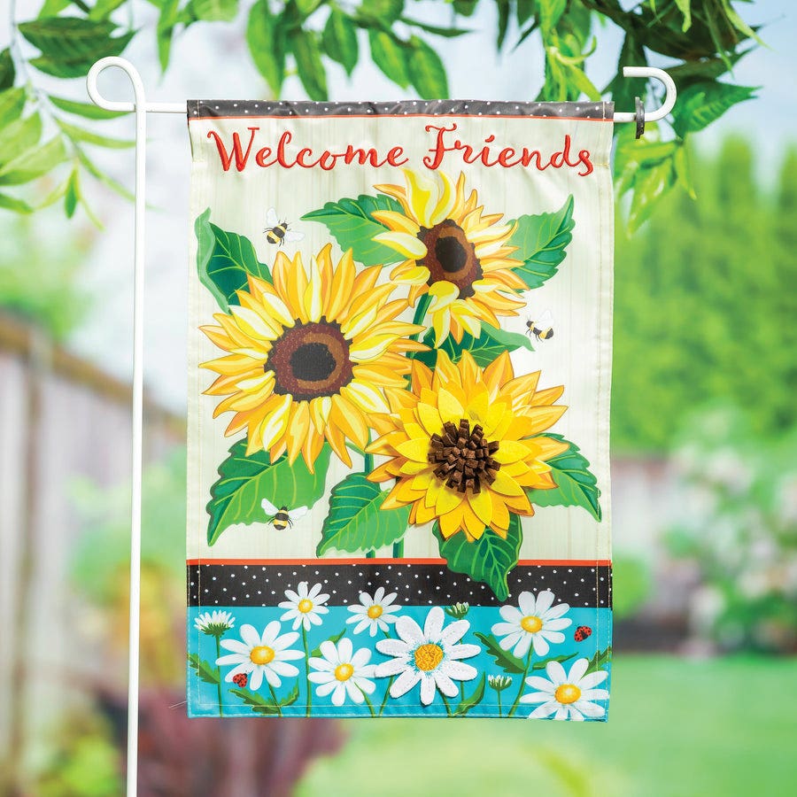 Evergreen Enterprises 169706 Garden Flag, 18 in L, 12-1/2 in W, Sunflowers and Daisies Applique, Welcome Friends