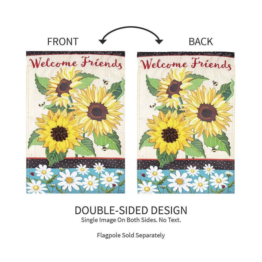 Evergreen Enterprises 169706 Garden Flag, 18 in L, 12-1/2 in W, Sunflowers and Daisies Applique, Welcome Friends