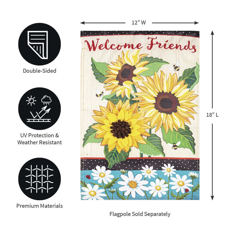 Evergreen Enterprises 169706 Garden Flag, 18 in L, 12-1/2 in W, Sunflowers and Daisies Applique, Welcome Friends