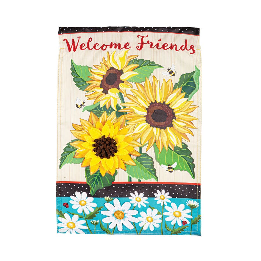 Evergreen Enterprises 169706 Garden Flag, 18 in L, 12-1/2 in W, Sunflowers and Daisies Applique, Welcome Friends