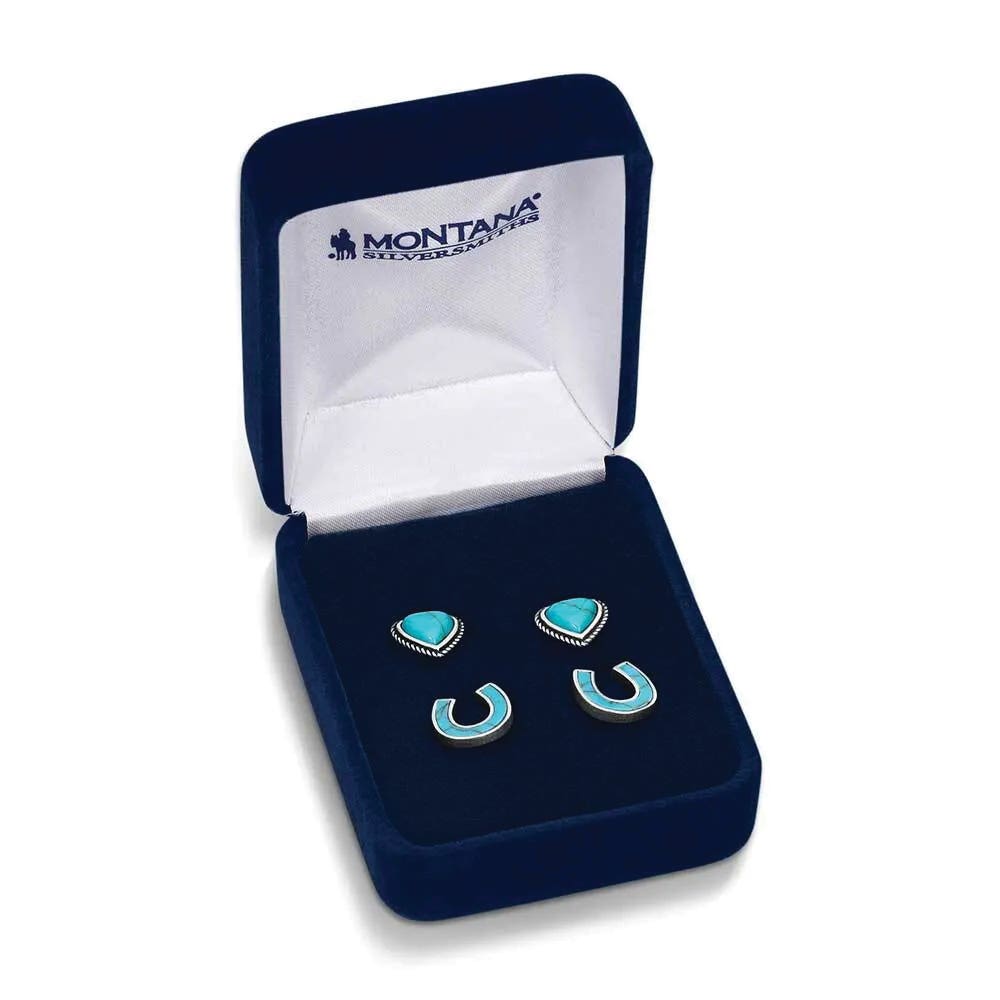 Montana Silversmiths Turquoise Heart and Horseshoe Earring Set, Turquoise, Brass/Stainless Steel
