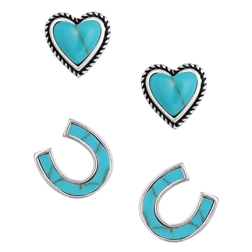 Montana Silversmiths Turquoise Heart and Horseshoe Earring Set, Turquoise, Brass/Stainless Steel