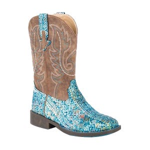 Roper 09-018-1225-2063 BU 9 Western Boots, Girl's, 9, Glitter Aztec, Blue, Leather