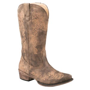 Roper Fashion Boots, 5, B W, All Over Embroider, Riley Scroll, Vamp Shaft, Brown