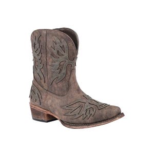 Roper Fashion Shorty Boots, 6, B W, Amelia Pattern, Eagle Overlay, Brown, Faux Leather/Synthetic