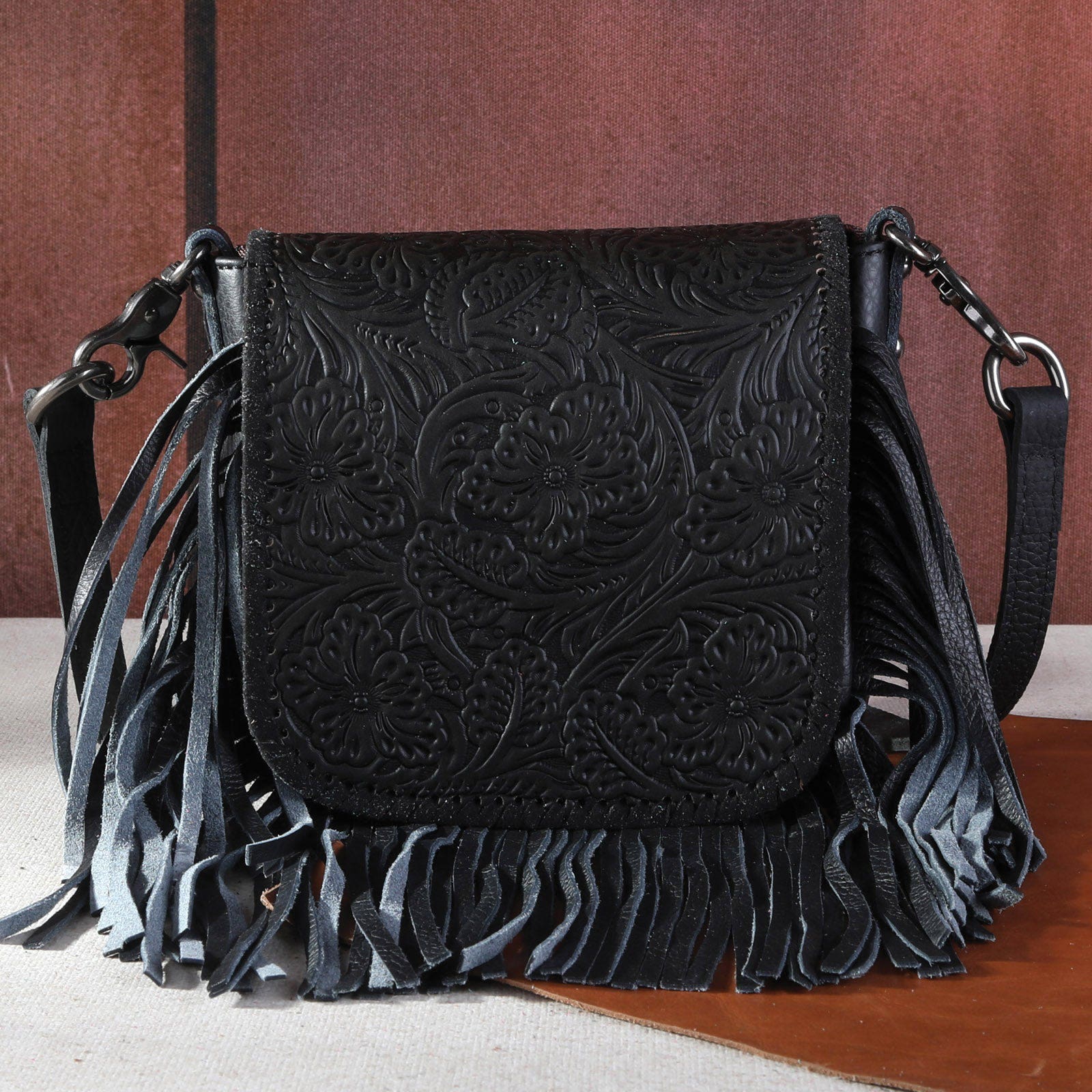 Montana West Crossbody Handbag, Floral Tooled, Flap, Magnetic Button, Black