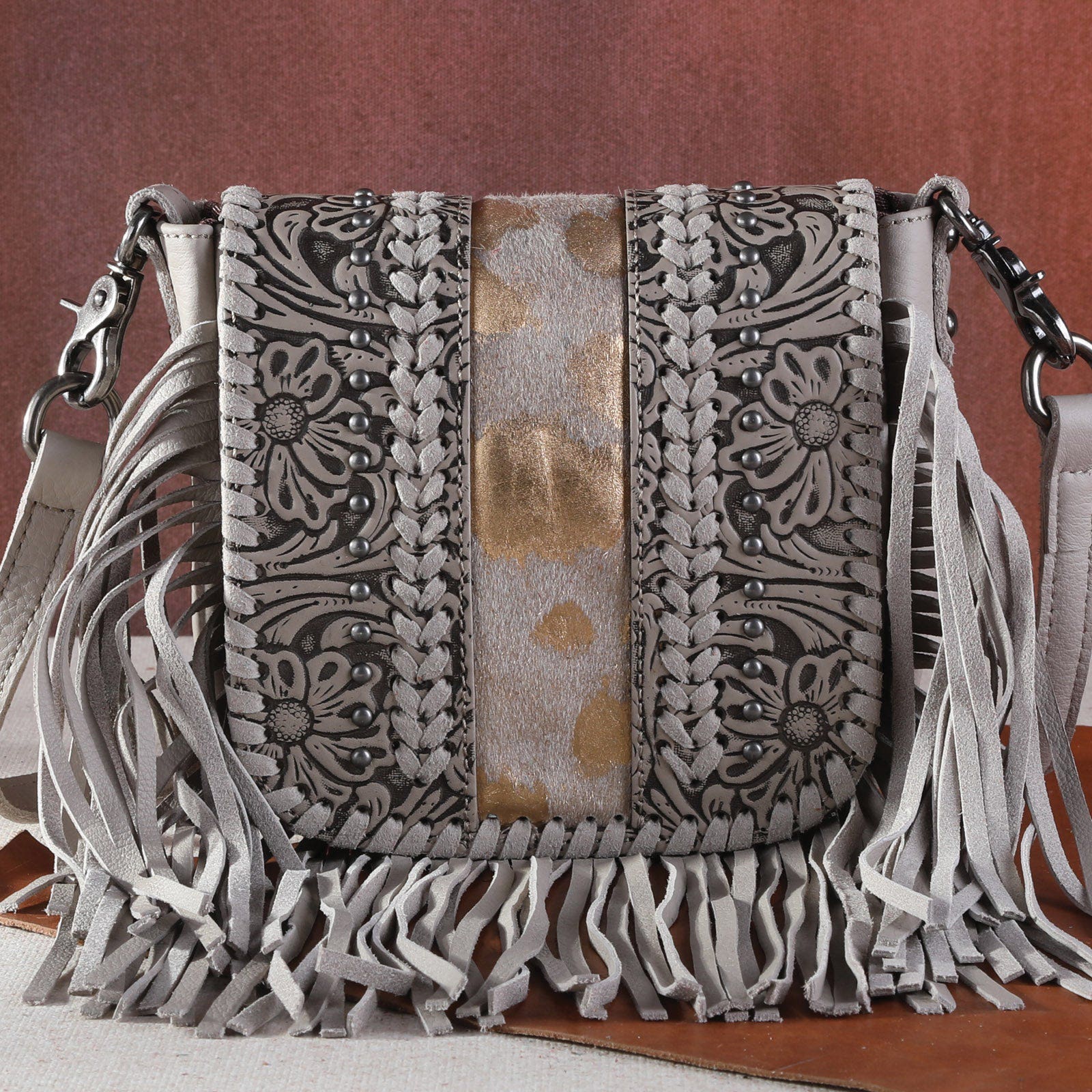 Montana West Crossbody Handbag, Floral Tooled and Hair-On Cowhide, Flap, Magnetic Button, Tan