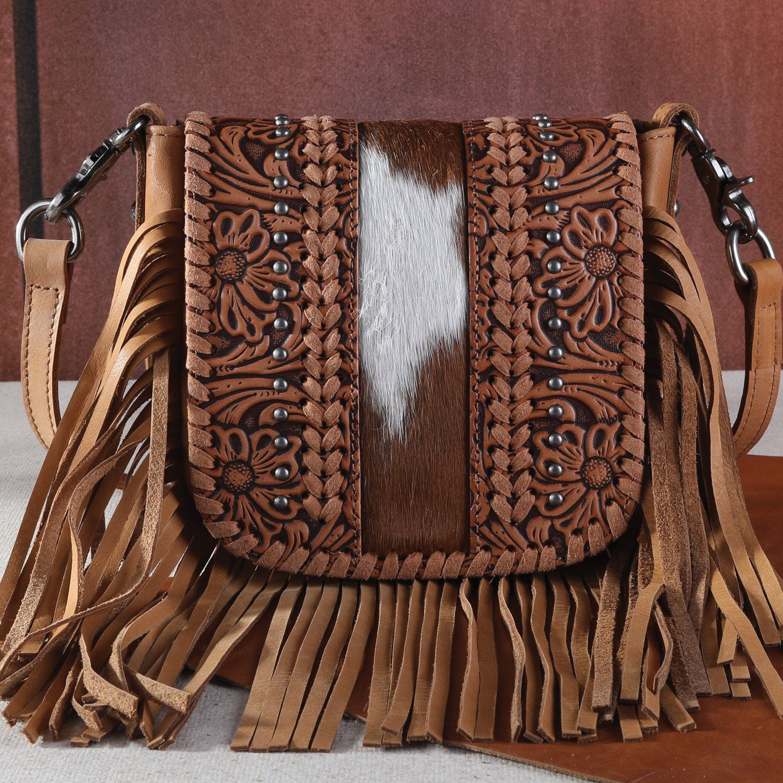 Montana West Crossbody Handbag, Floral Tooled and Hair-On Cowhide, Flap, Magnetic Button, Oak